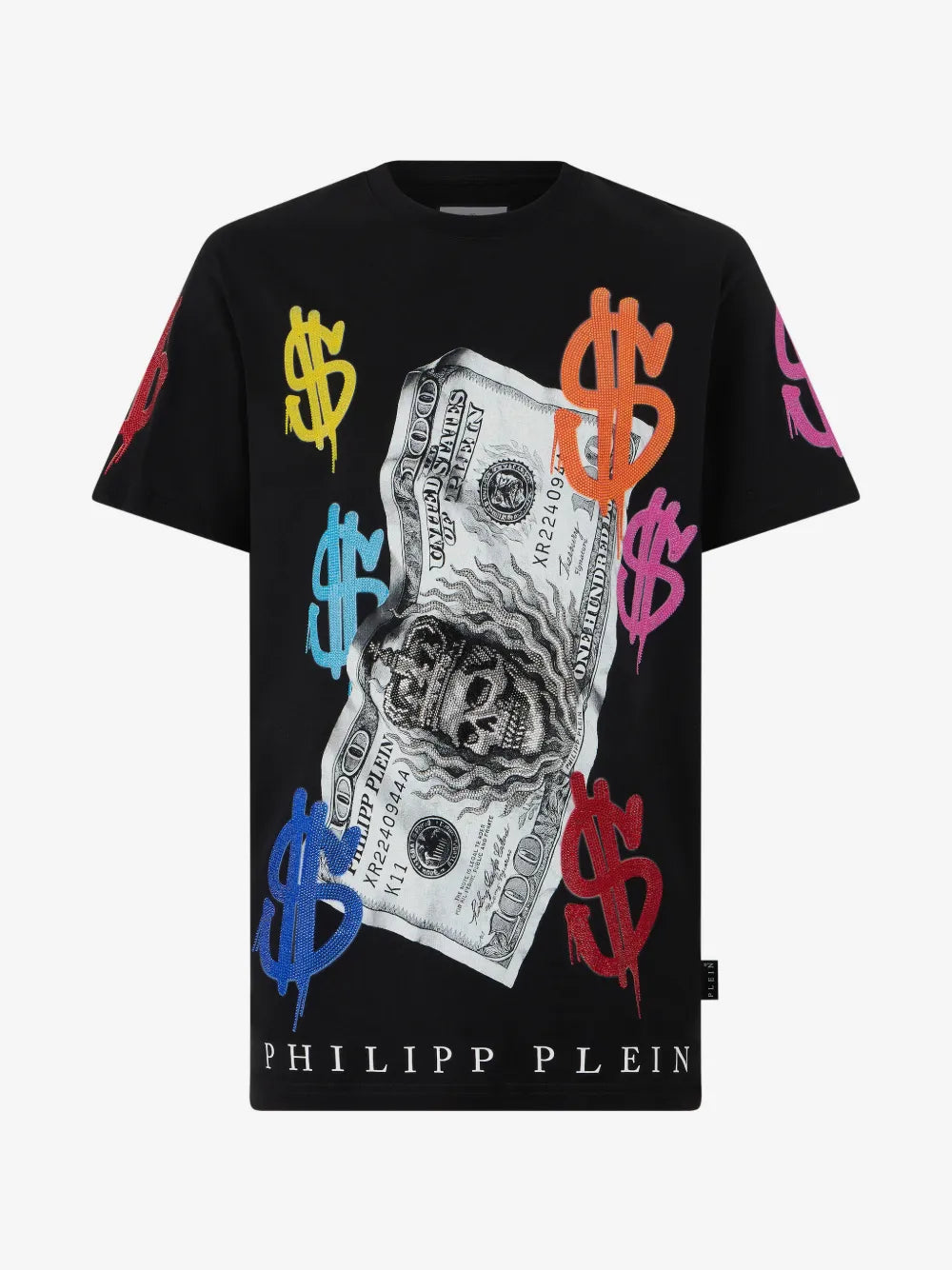 Philipp Plein — Црна маица со банкнота и симболи — преден приказ
