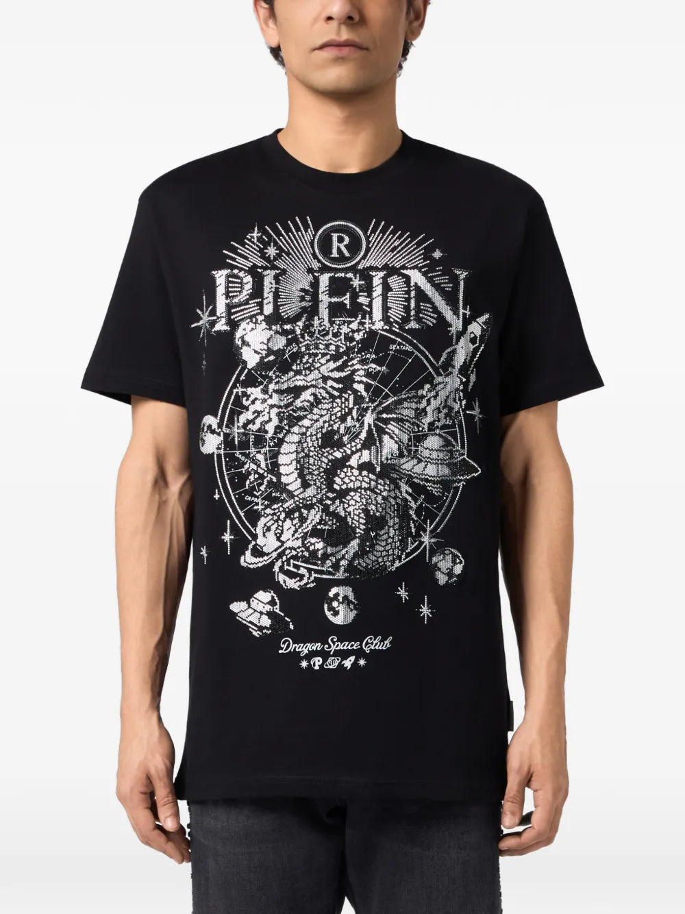 Philipp Plein — Црна маица со бел украсен принт — детален приказ